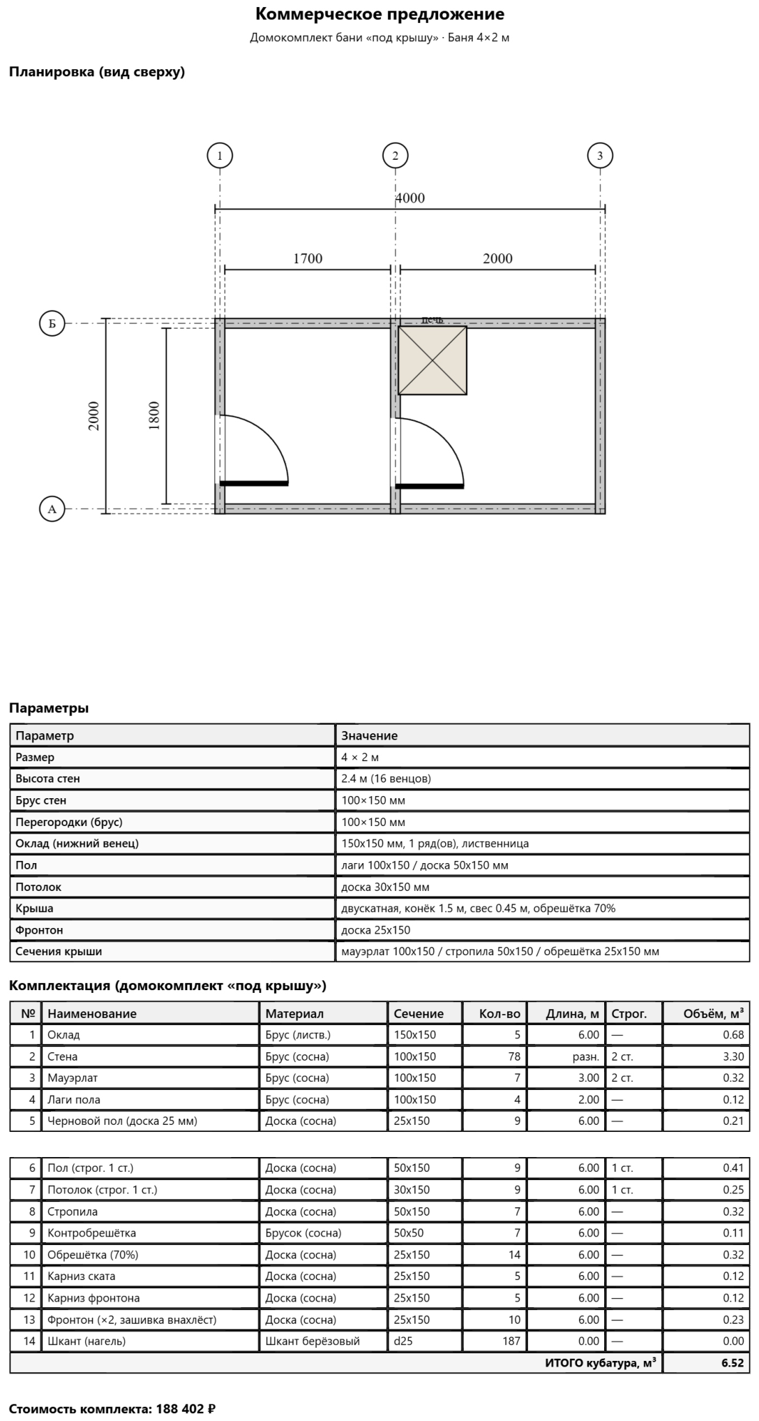 Коммерческое предложение — Баня 2×4