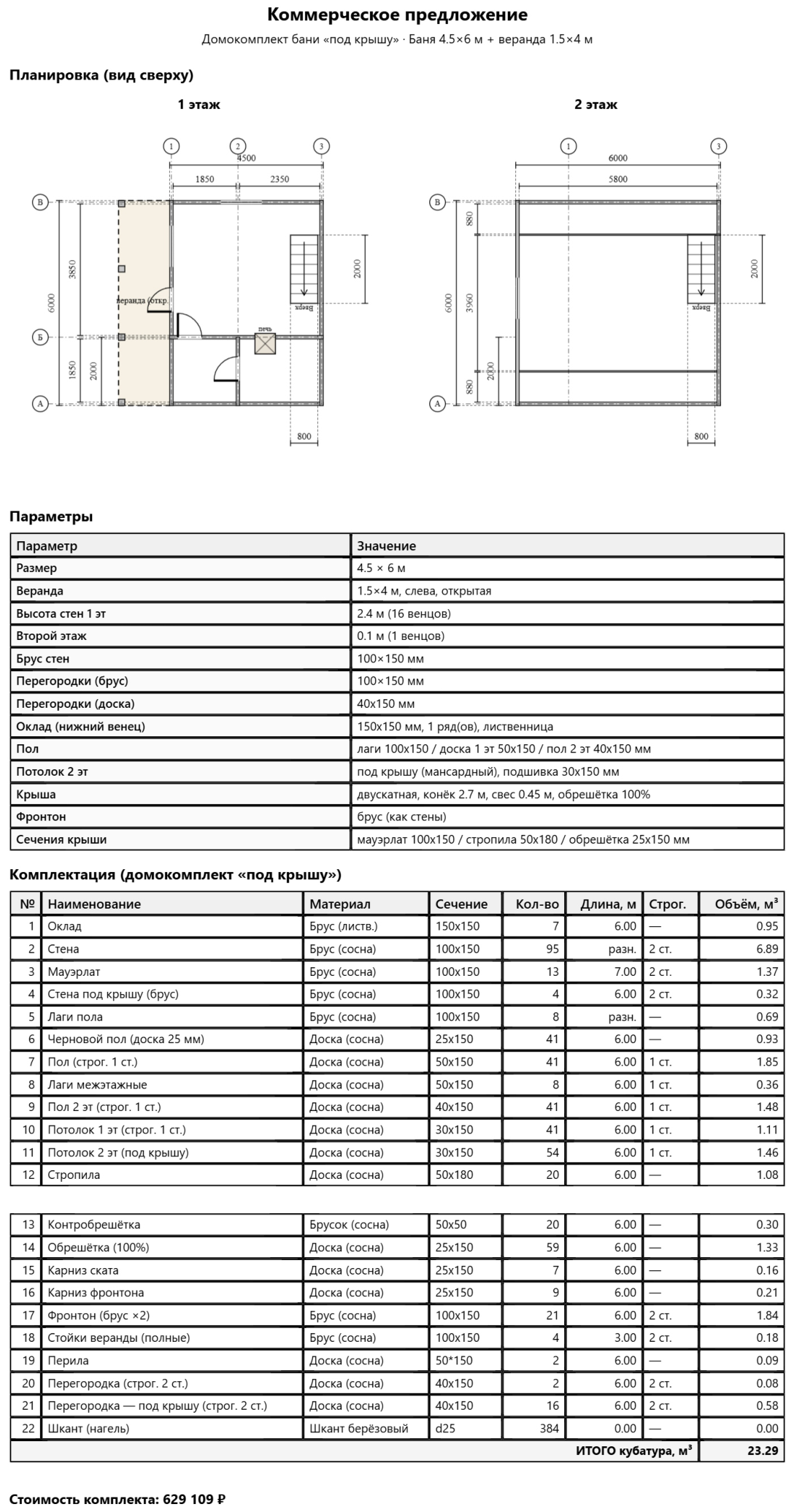 Коммерческое предложение — Баня 4.5×6 + веранда 1.5×4